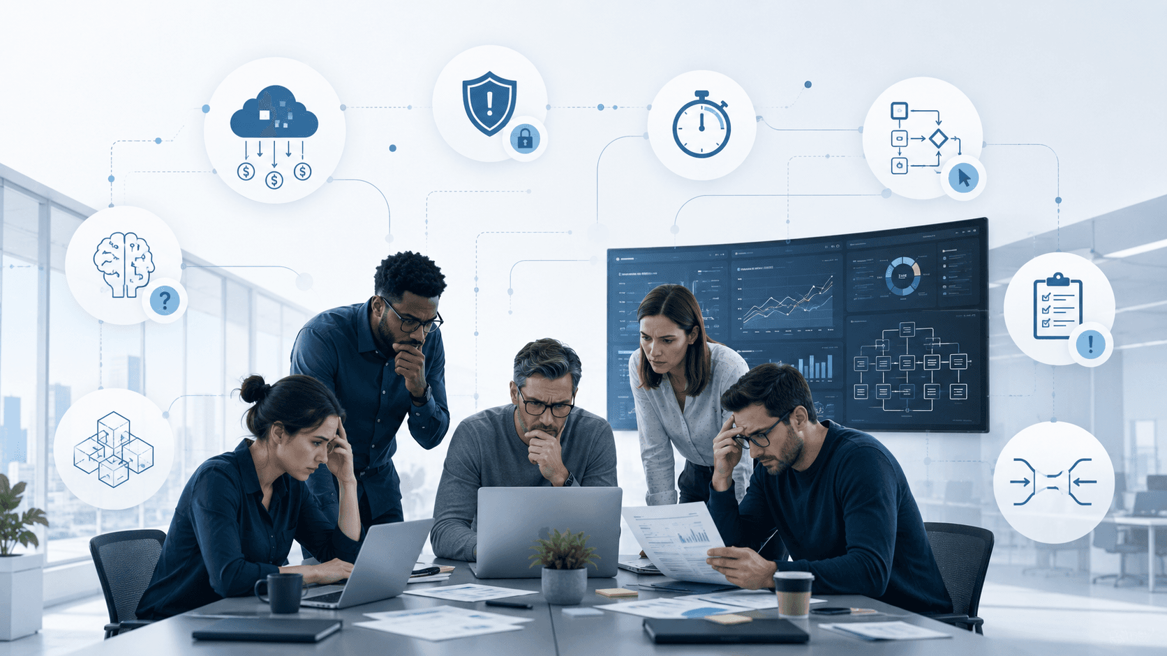 Technology team under pressure from hidden cloud cost, security risk, manual work, reporting delays, workflow friction and unclear AI impact.